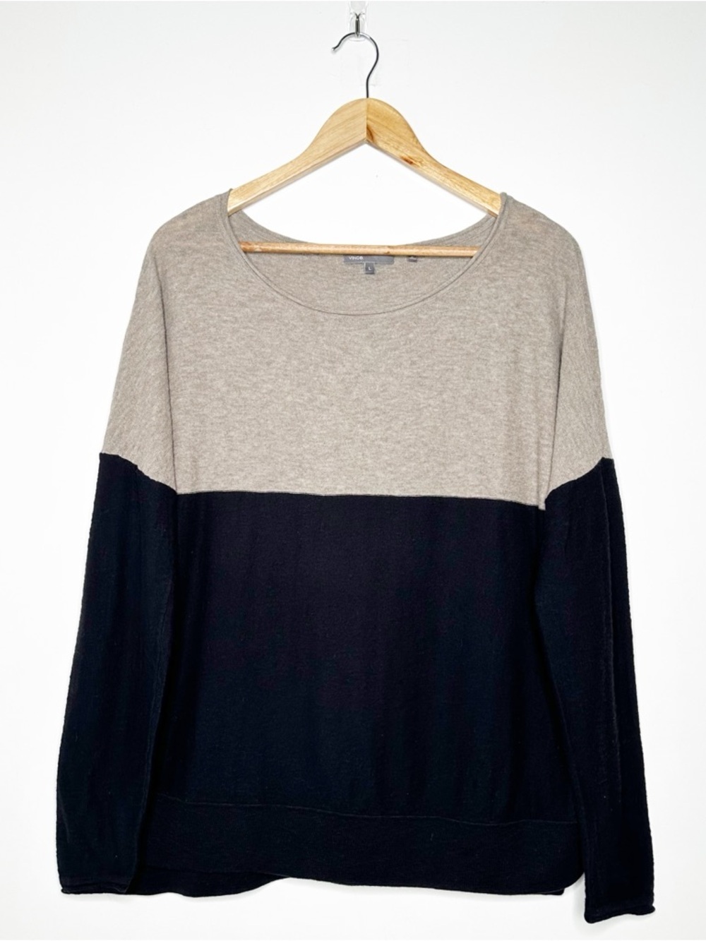 Vince Color Block Sweater Taupe Black Boat Neck 100% Cotton Large L